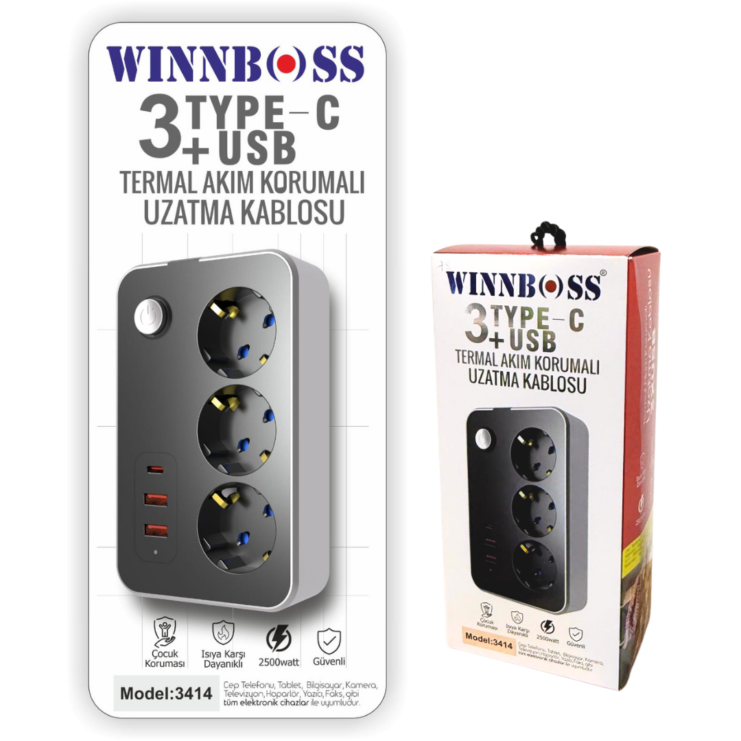 M2608-PRIZ AKIM KORUMA-3414 (3*PRİZ+2*USB+1 TYPE-C) 2m KARE TİP
