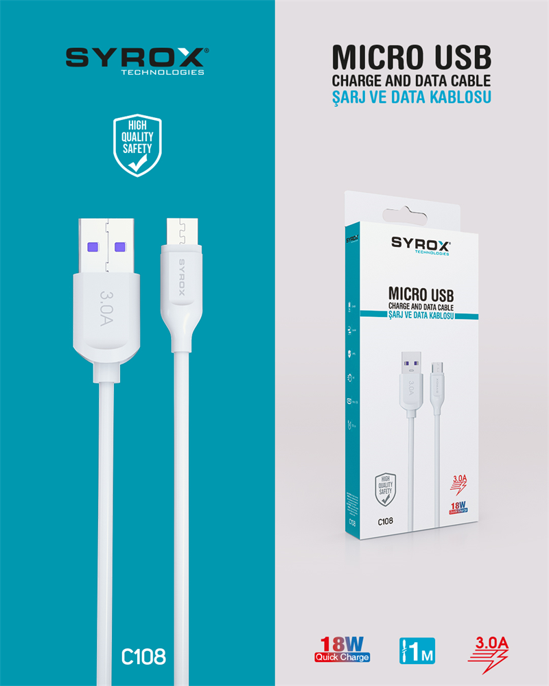 M0514-C108 Micro 1M. 3,0A 18W Quick Kablo-Mıcrokablo
