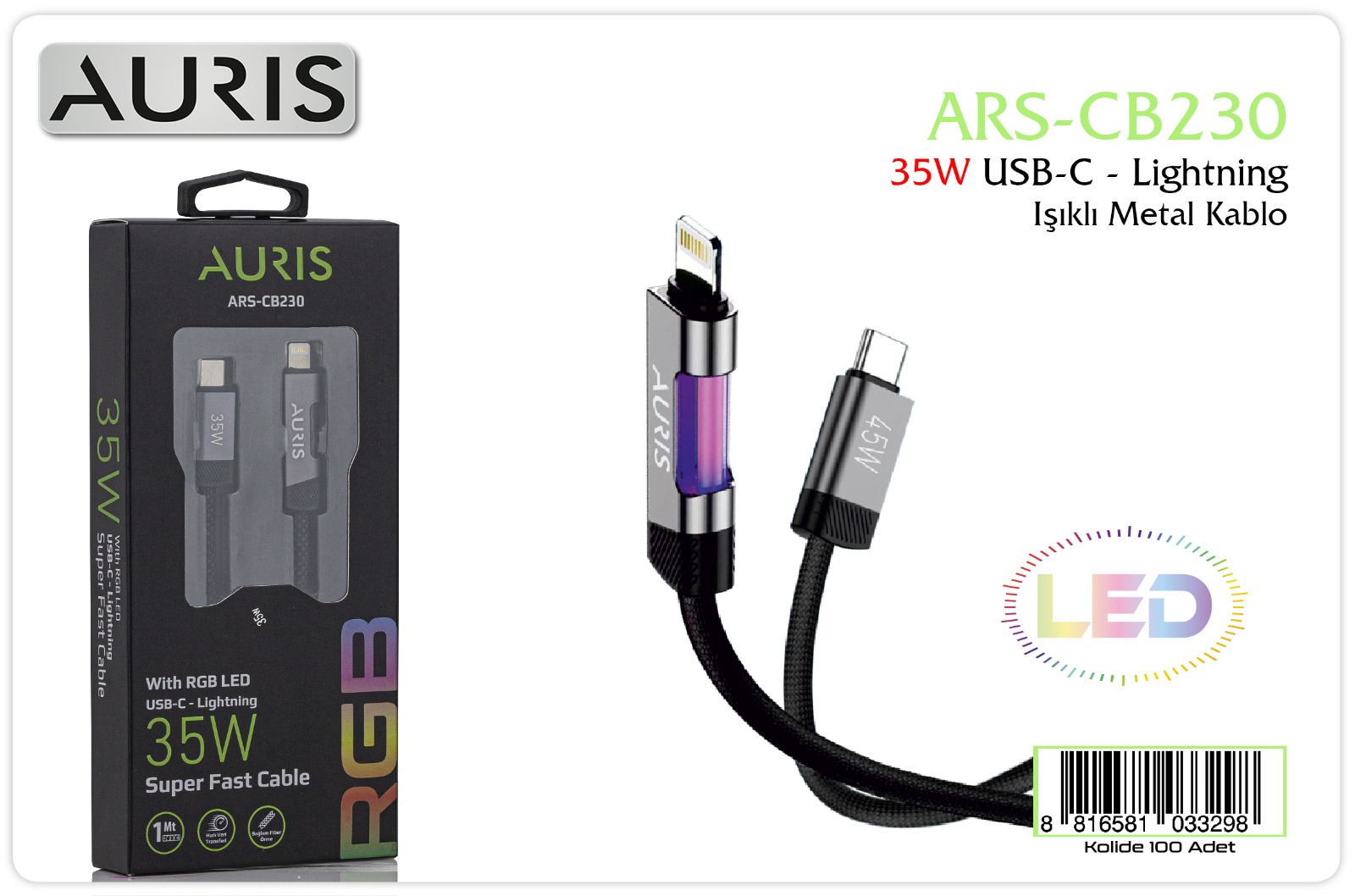 M2546-Auris CB230 35W TypeK-C To Lightning Rgb Led Kablo