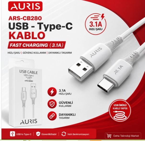M2364- Auris CB280 Eco Type-C Kablo 3.1A Kablo Uzunluğu 100cm TYPCK