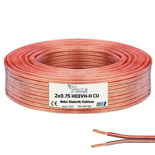 M2573- 2x0.75 Elektrik Kablosu Bakır H03VH-H CU Kordon Şeffaf 100mt Poke 