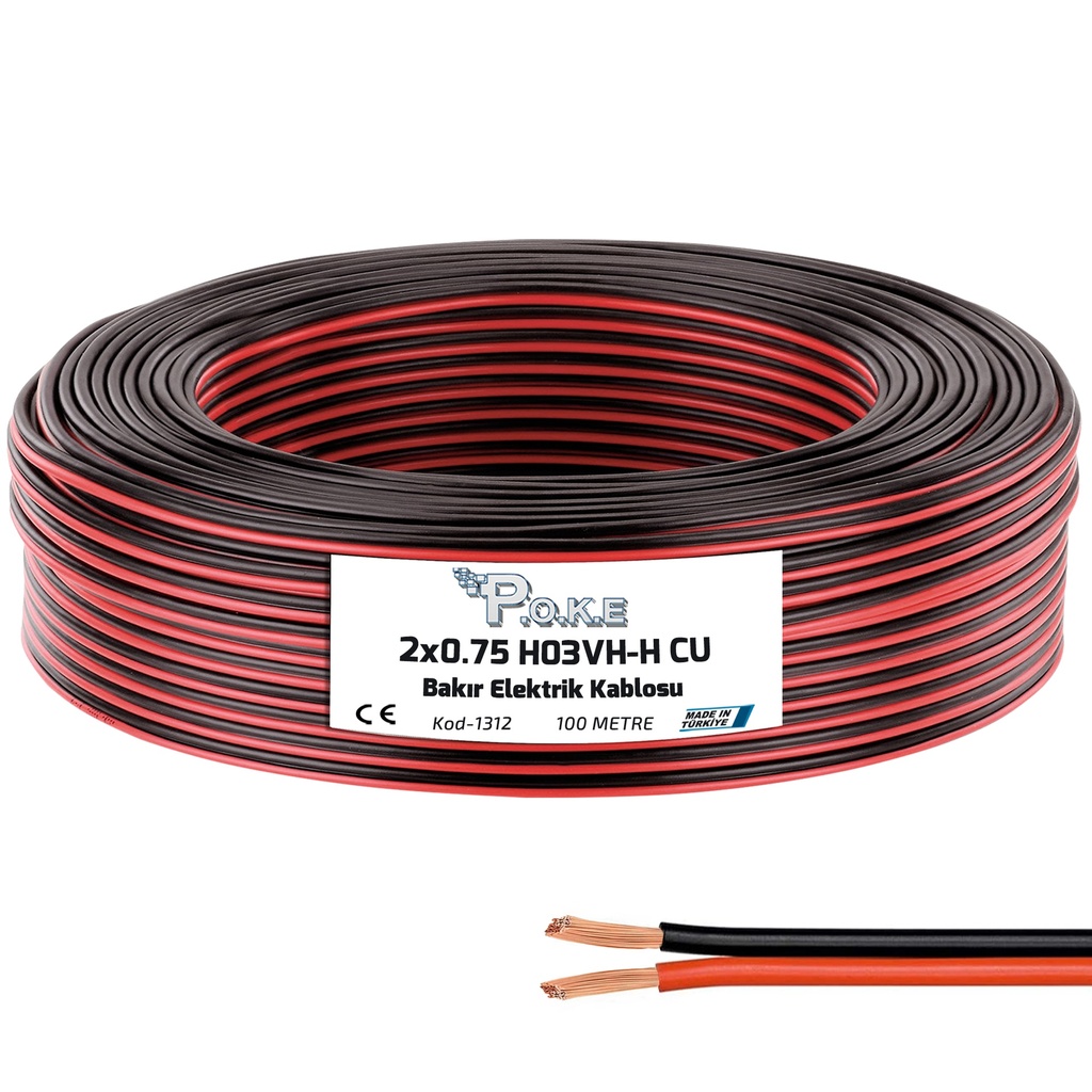 M2572-2x0.75 Elektrik Kablosu H03VH-H CU Bakır Kordon Siyah 100mt Poke