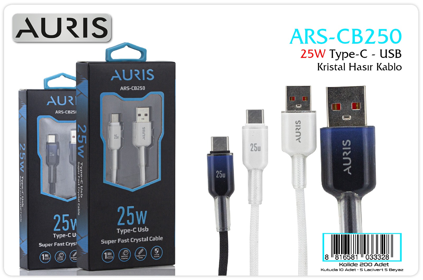 M2547-Auris CB250 25W Typek-C Kristal Hasır Kablo