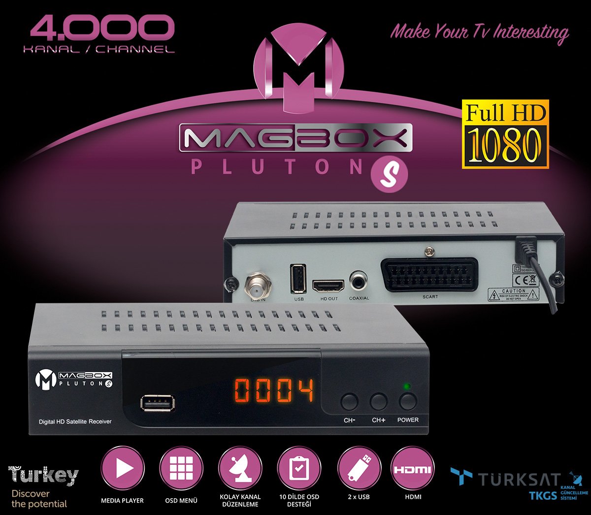 M0426-MAGBOX PLUTON S YENİ MODEL KASALI FULL HD UYDU ALICISI TKGS'Lİ (SCART+HD) HDMI KABLO DAHİL