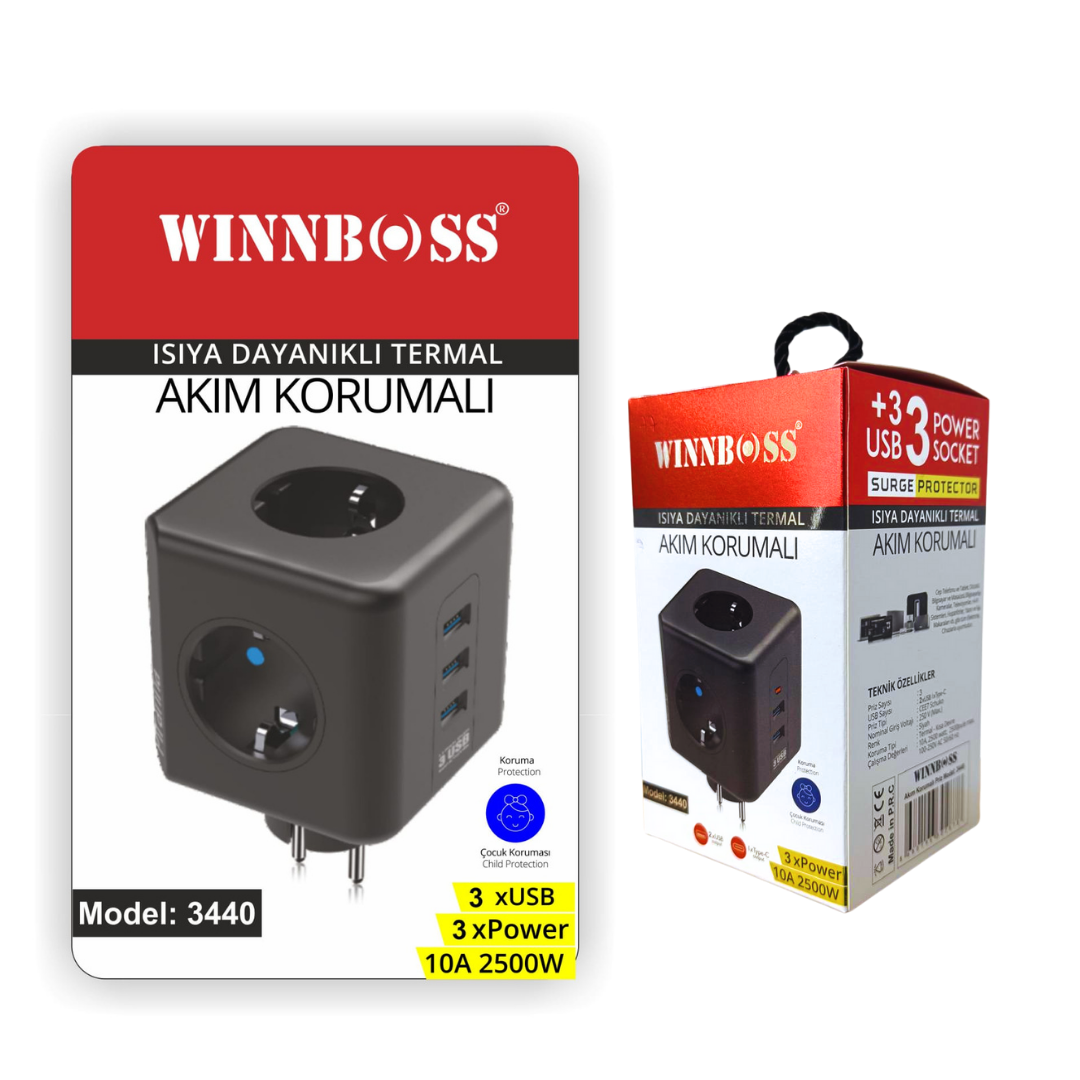 M2607-PRIZ AKIM KORUMA-3440 (3*PRIZ+2*USB+1*TYPE-C) KARE / PRİZ TİPİ