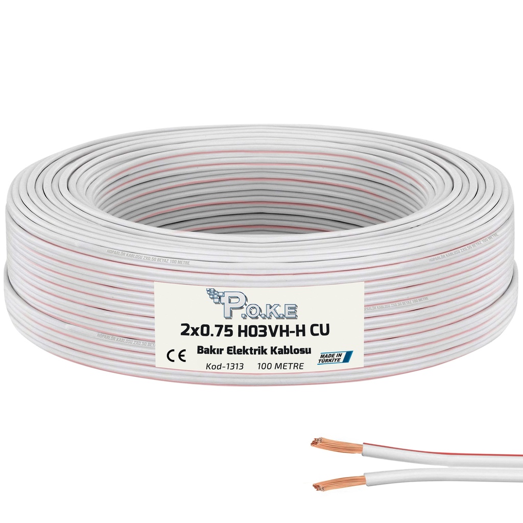 M2571-2x0.75 Elektrik Kablosu H03VH-H CU Bakır Kordon Beyaz 100mt Poke 
