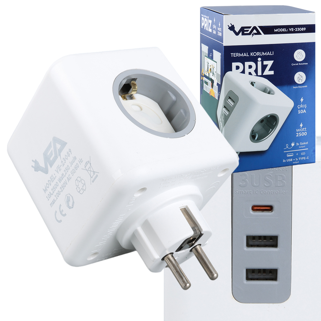 M2531-VEA VE-23089 3'LÜ 2X USB 1X TYPE-C ÇOCUK VE TERMAL KORUMALI GRUP PRİZ