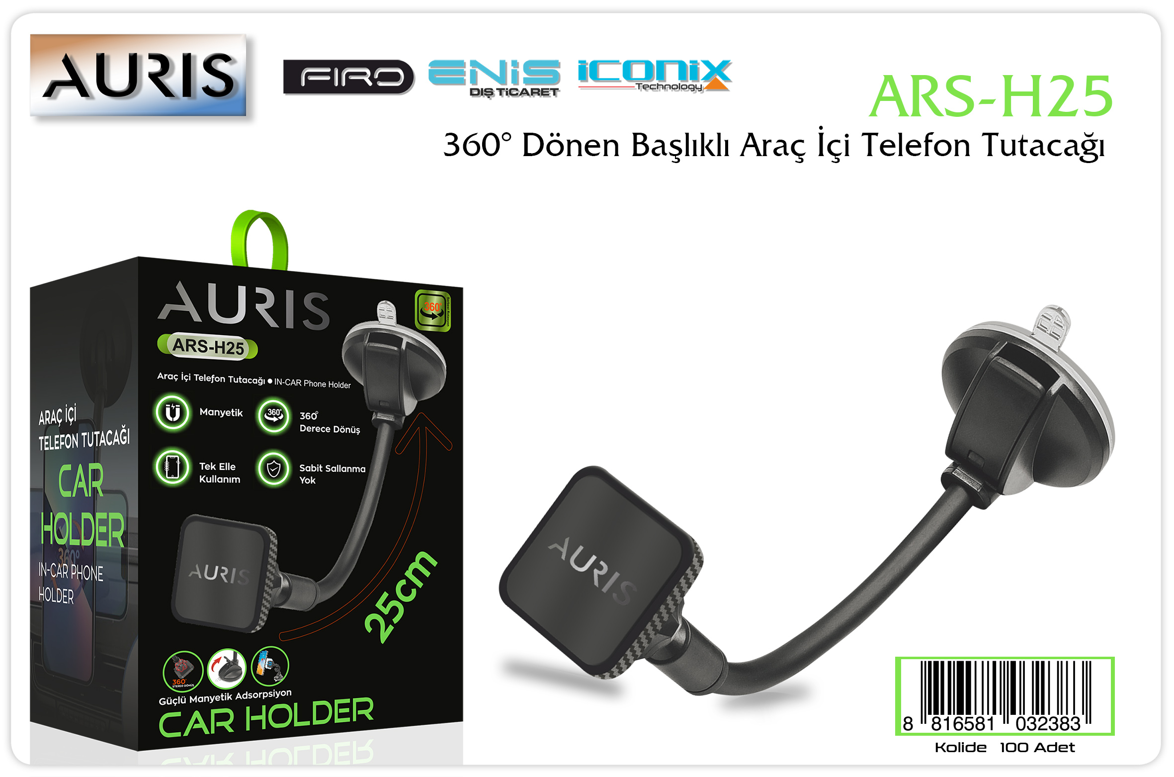 M2542-Auris H25 360 Derece Dönebilen Araç İçi Telefon Tutucu